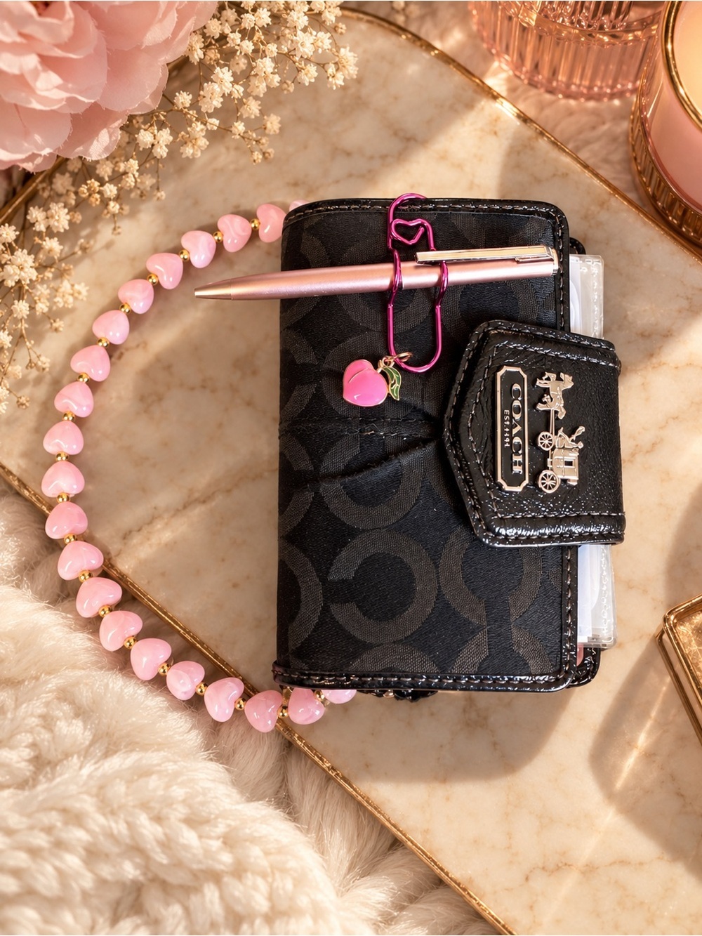Coach Black Signature Kids Card Case with Pink Beaded Strap - Picture 1 of 12